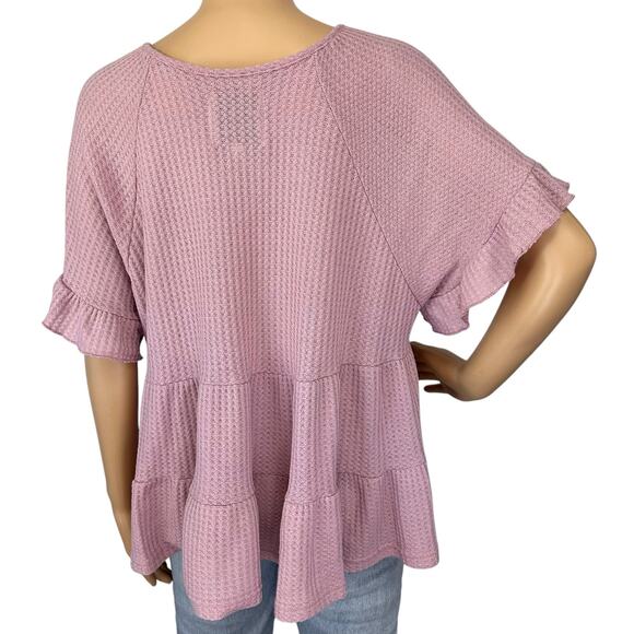 2/$15 Simply Southern Ruffle Tier Waffle Knit Top Pink Short Sleeve Size L - Picture 5 of 8